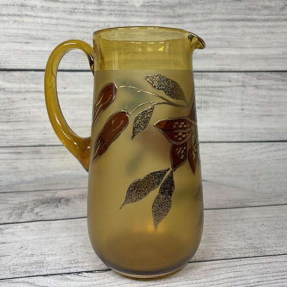 Vintage MCM Floral Amber Gold Hand Painted Etched Glass Pitcher - Picture 6 of 12